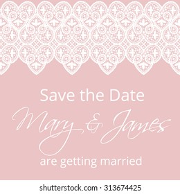 Wedding invitation template with lace border and pink background