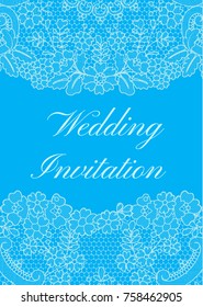 Wedding invitation template with lace border on blue background