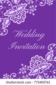 Wedding invitation template with lace border on violet background