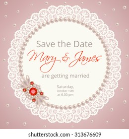 Wedding invitation template with lace frame and pearl brooch