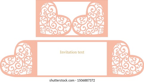 Wedding invitation template for laser cutting for paper carved heart.  Vector file two hearts. Valentine's day card with laser cut. Paper Valentine cut from paper.