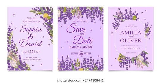 Wedding invitation template with lavender flowers and floral frames, vector background. Wedding Save the Date or engagement invitation cards with Provence lavender and purple lilac garden flowers