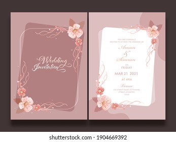 Wedding Invitation Template Layout Decorated With Floral In Front And Back View.