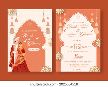 Wedding Invitation Template Layout With Indian Couple Image In White And Orange Color. - Shutterstock ID 2025534518