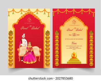 Wedding Invitation Template Layout With Indian Newlywed Couple In Red And Golden Color.