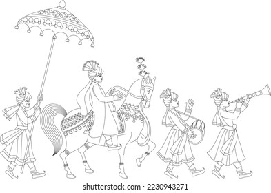 Wedding Invitation Template Layout With an Indian Couple and marriage procession, music performers on the way to the wedding ceremony,