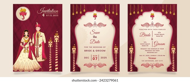 Wedding Invitation Template Layout With Indian Faceless Couple Image In Red and Beige Color. Set of 3 Pages.