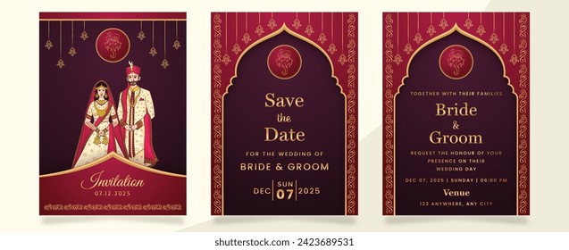 Diseño de plantilla de invitación de matrimonio con imagen de pareja india en color rojo y beige. Conjunto de 3 páginas.