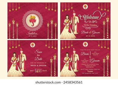 Wedding Invitation Template Layout With Indian Faceless Couple Image on Pink Background. Set of 3 Pages with Welcome wedding signature.