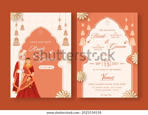 Wedding Invitation Template Layout With\
Indian Couple Image In White And Orange\
Color.