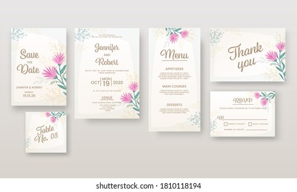 Wedding Invitation Or Template Layout Like As Save The Date, Venue, Menu, Table No, Thank You And RSVP Card.