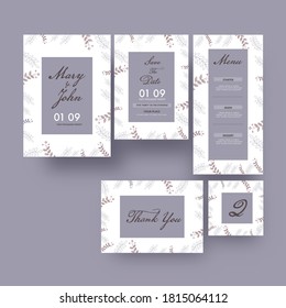 Einladung Vorlagenlayout Hochzeit mit Speichern von Datum, Menü, Tabellenzahl und Dankeschön Karte.
