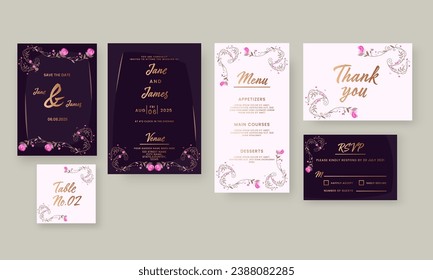 Wedding Invitation Template Layout As Save The Date, Menu, Thank You, RSVP, Table No Card.