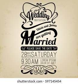 Wedding invitation template with lettering on old paper background, vector illustration