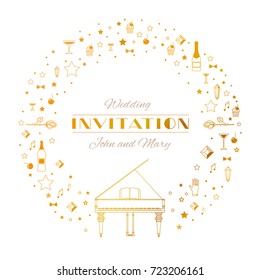 Wedding invitation template with lettering in style of Art Deco and elegant linear golden ornament. Modern circular openwork ornament, isolated on white background. Vector illustration