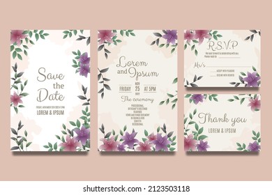 Wedding invitation template with lily flowers purple gradient and leaves