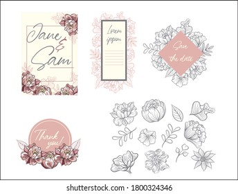 Hochzeitseinladungsvorlage mit linearen Blumen. Rosa und graue Blumen Vorlage für Einladungskarten. Vektordesign