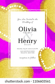 Wedding Invitation Template. Luxury design with golden hearts. Gorgeous  illustration in baroque style. Decorative backdrop for invitation card, useful layout for marriage ceremony.