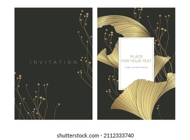 Plantilla de invitación de boda en estilo de lujo. Resumen de hojas de oro y flor silvestre dibujadas en un fondo gris oscuro. Antecedentes de la tarjeta de invitación, tienda, salón de belleza, spa. 