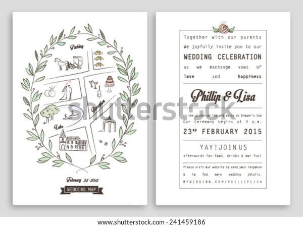WEDDING INVITATION\
TEMPLATE WITH MAP. ROYAL INVITATION DESIGN. Nice layout. Editable\
vector illustration\
file.