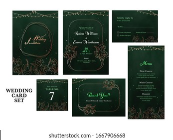 Wedding Invitation Template, Menu, Thank You, Table Number and RSVP Card in Green and Bronze Color.