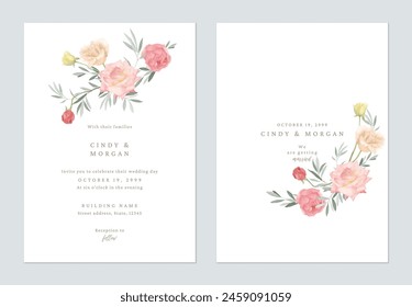 Wedding invitation template, minimalist colorful roses and olive leaves on white background