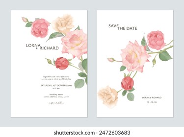 Wedding invitation template, minimalist colorful roses on white background