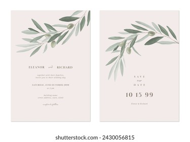 Plantilla de invitación de boda, rama de olivo verde minimalista sobre fondo marrón