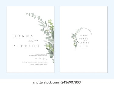 Wedding invitation template, minimalist green olive and eucalyptus leaves on white