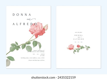Wedding invitation template, minimalist pink roses on white background
