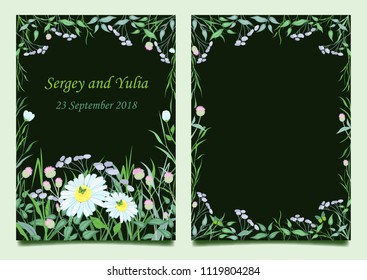 Wedding Invitation template. Modern design. Wedding invitation with wildflowers. Daisy on the meadow. Traditional decoration for a wedding. Floristic.  Vector illustration.
