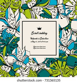 Wedding invitation template with monstera leafs and lily.