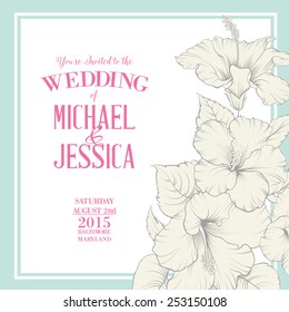 Wedding invitation template with names Michael and Jessica with exotic flowers. Vector illustration.