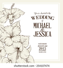 Wedding invitation template with names Michael and Jessica with exotic flowers. Vector illustration.