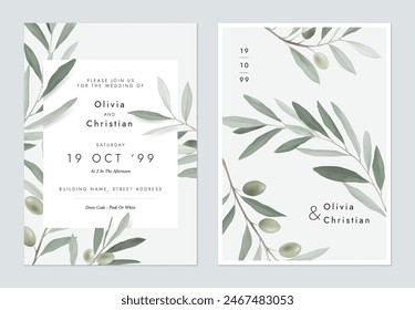 Wedding invitation template, olive branches on grey background
