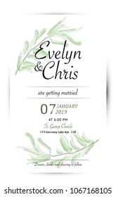 Wedding invitation template with olive watercolor leaves decoration. Vector design
