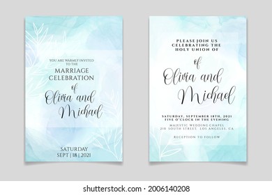 Wedding invitation template on pastel cyan liquid marble watercolor background with white branches and frame. Teal mint marbled alcohol ink drawing effect. Vector illustration of romantic card design.