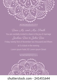 wedding invitation template on tender violet background with handdrawn flowers