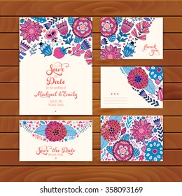 Wedding Invitation Template on wood table. Invitation, envelope, thank you card, save the date cards. Wedding set. RSVP card. Marriage event. Valentine Day cards