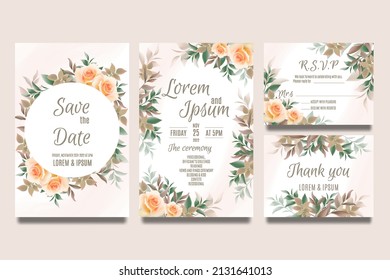 Wedding invitation template with orange roses and leaves