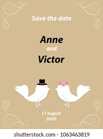 Wedding invitation template with a pair of birds,the bride and groom cut out of paper. Light brown background with monograms in the corners of the card.Vector illustration
