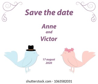 Wedding invitation template with a pair of birds,the bride and groom cut out of paper. White background with monograms in the corners of the card.Vector illustration