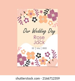 Wedding invitation template in pastel colors. Hand drawn flowers and natural elements. Our wedding day card