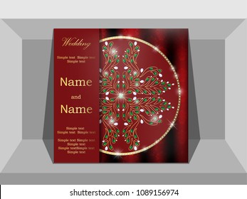Wedding invitation template with patterns on silk and ornamental gems on the background of the paper.