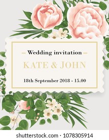 Wedding Invitation template with peonies, flowers and green leaves. rsvp is a modern card design. natural, Botanical, elegant vector illustration