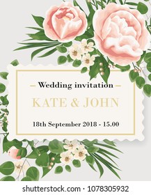 Wedding Invitation template with peonies, flowers and green leaves. rsvp is a modern card design. natural, Botanical, elegant vector illustration