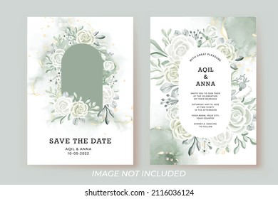 Wedding Invitation Template With Photo Frame Rose White And Greenery Leaves Watercolor