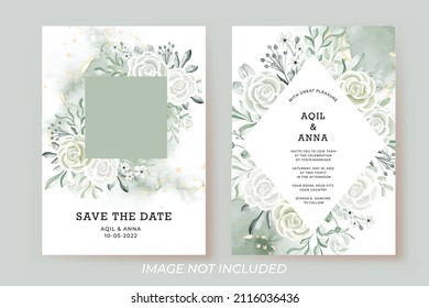 wedding invitation template with photo frame rose white and greenery leaves watercolor