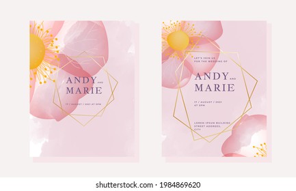 Wedding invitation template with with pink blossoms and golden borders. Vector illustration in rustic style