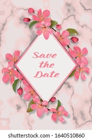 Wedding Invitation template with pink cherry blossom and marble